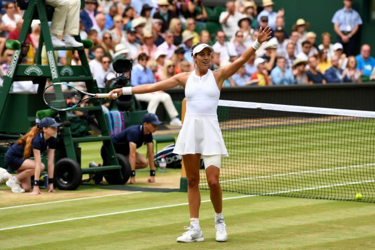 Garbiñe Muguruza celebrates her semifinal triumph. (Getty Images)