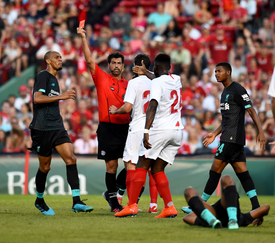 BOSTON, MASSACHUSETTS - JULY 21: (THE SUN OUT, THE SUN ON SUNDAY OUT)  Gnagnon Joris Sevilla send off during a Pre-Season Friendly match between Sevilla and Liverpool at Fenway Park on July 21, 2019 in Boston, Massachusetts. (Photo by Andrew Powell/Liverpool FC via Getty Images)