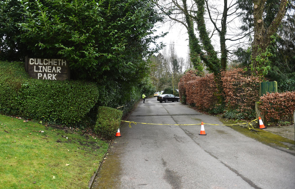 Police at the scene in Culcheth Linear Park in Warrington, Cheshire after a teenage girl was found dead in the park with serious injuries. Cheshire Constabulary said officers were called to the park at around 3.13pm on Saturday following reports about the girl. Emergency services attended but the teenager was pronounced dead at the scene. Picture date: Sunday February 12, 2023.