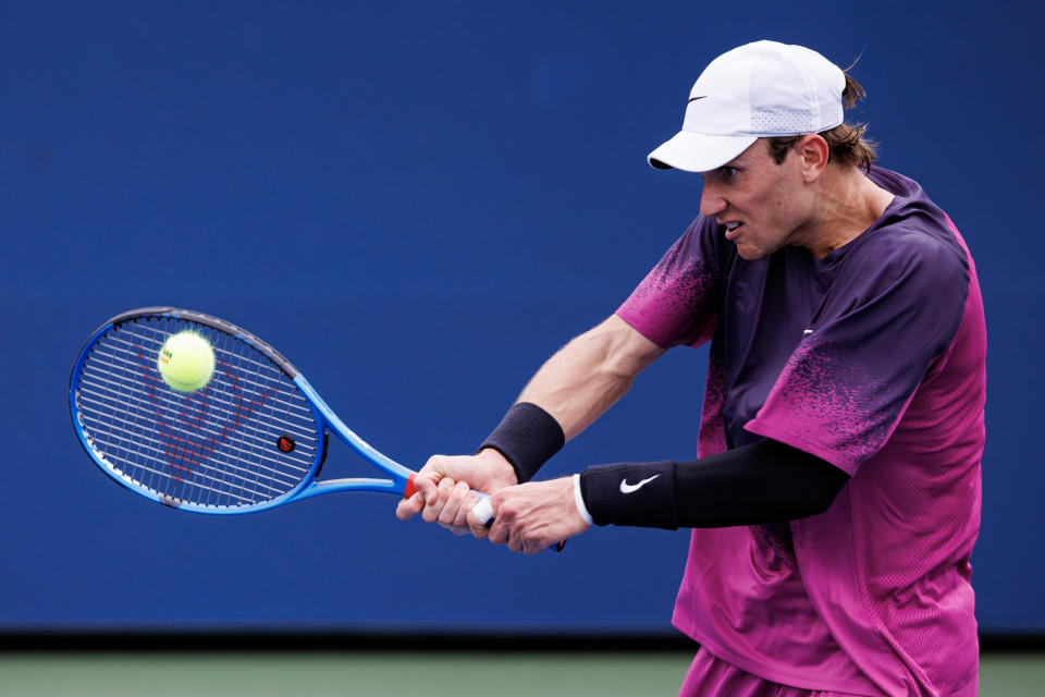 August 29, 2024; Flushing, NY, USA; Jack Draper of Great Britain plays against Botic van de Zandschulp of the Netherlands on day six of the 2024 US Open tennis tournament at the USTA Billie Jean King National Tennis Center. Mandatory Photo Credit: Mike Frey-USA TODAY Sports