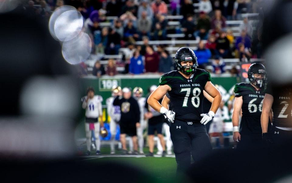 Fossil Ridge offensive lineman Gage Ginther (shown here during a 2022 game vs. Fort Collins at Canvas Stadium) is one of many returning stars for a SaberCats squad that that went 9-3 last season.