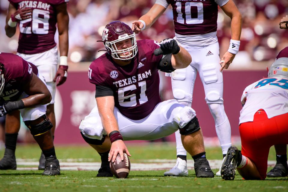 Texas A&M offensive lineman Bryce Foster during a 2021 game against New Mexico.