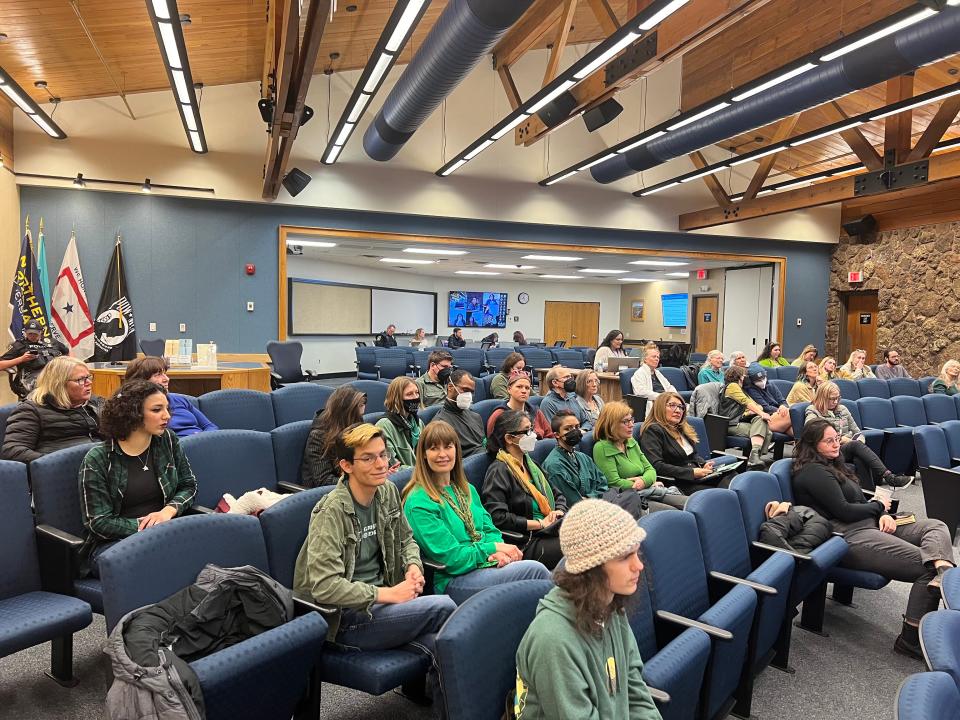 Reproductive rights activists wearing green made up the majority of the crowd at the Feb. 21 city council meeting.