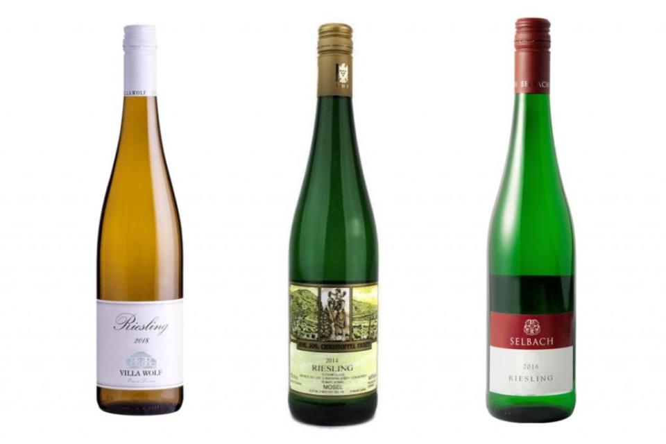 （左起）狼莊麗絲玲半干型白酒 Villa Wolf, Riesling / NT$750<br>JJ克利斯厄班酒莊 麗絲玲微甜白酒 Joh. Jos. Christoffel Erben, Riesling / NT$950<br>塞巴奧斯特 紅標麗絲玲微甜白酒 Selbach Oster Red Label Riesling / NT$650