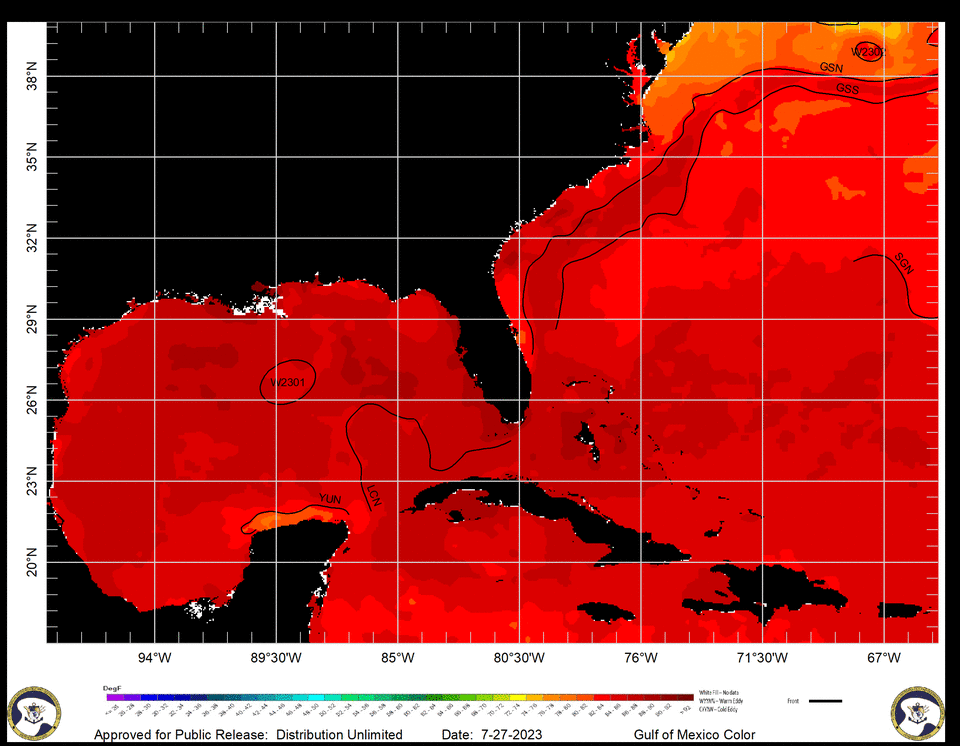 This image by NOAA's Ocean Prediction Center shows the temperature of the Gulf Stream along the U.S. East Coast. / Credit: NOAA Ocean Prediction Center