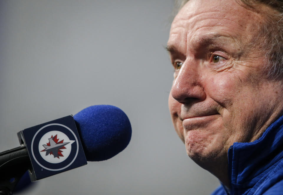 Winnipeg Jets head coach Rick Bowness speaks to media during an NHL hockey end of season availability in Winnipeg, Thursday, May 2, 2024. (John Woods/The Canadian Press via AP)