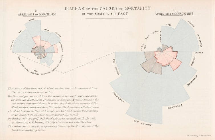 A chart from 1858 showing multicoloured wedge graphs depicting the causes of mortality in the British Army, with deaths from preventable or mitigatable diseases far outstripping those from wounds and other causes.