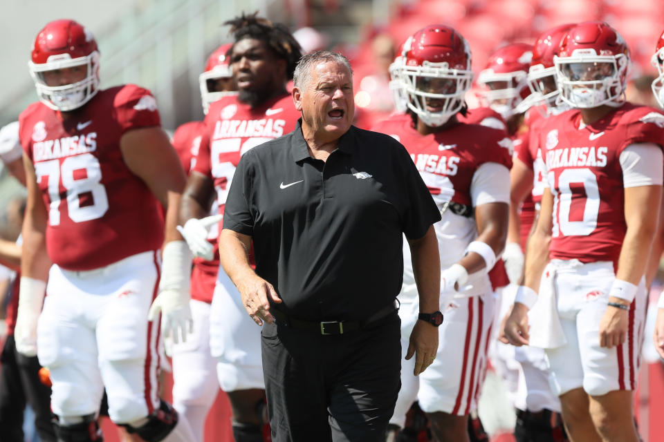 Sep 9, 2023; Fayetteville, Arkansas, USA; Arkansas Razorbacks head coach Sam Pittman prior to the game against the Kent State Golden Flashes at Donald W. Reynolds Razorback Stadium. Mandatory Credit: Nelson Chenault-USA TODAY Sports