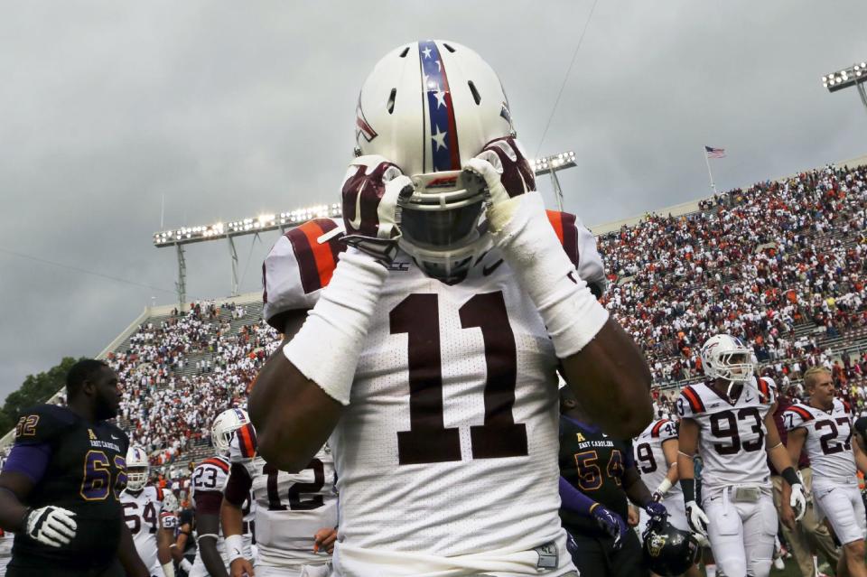 Virginia Tech cornerback Kendall Fuller (11) leaves the filed after an NCAA college football game against East Carolina, Saturday, Sept. 13, 2014, in Blacksburg Va. East Carolina won 28-21. (AP Photo/The Roanoke Times, Matt Gentry)