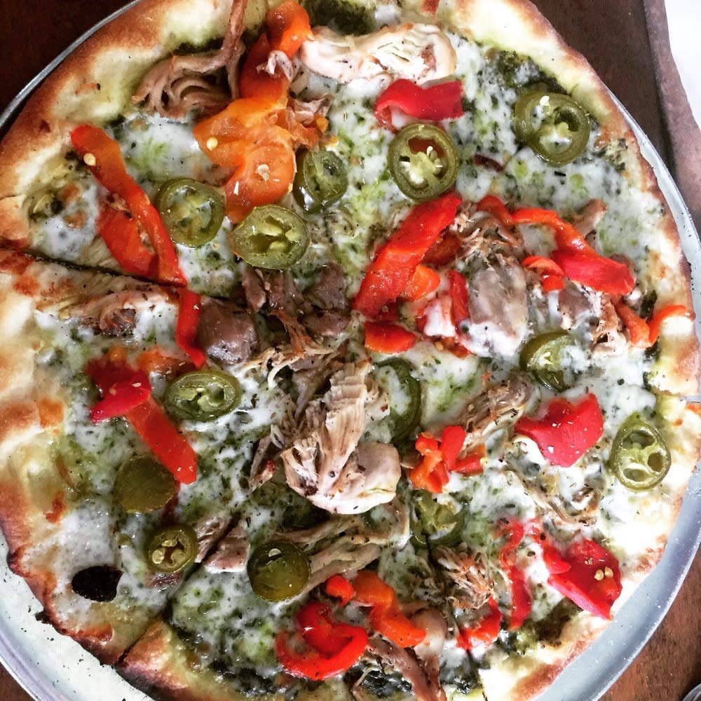 pesto, pollo, and jalapeños pizza at D'Allesandro's Pizza in Charleston, South Carolina