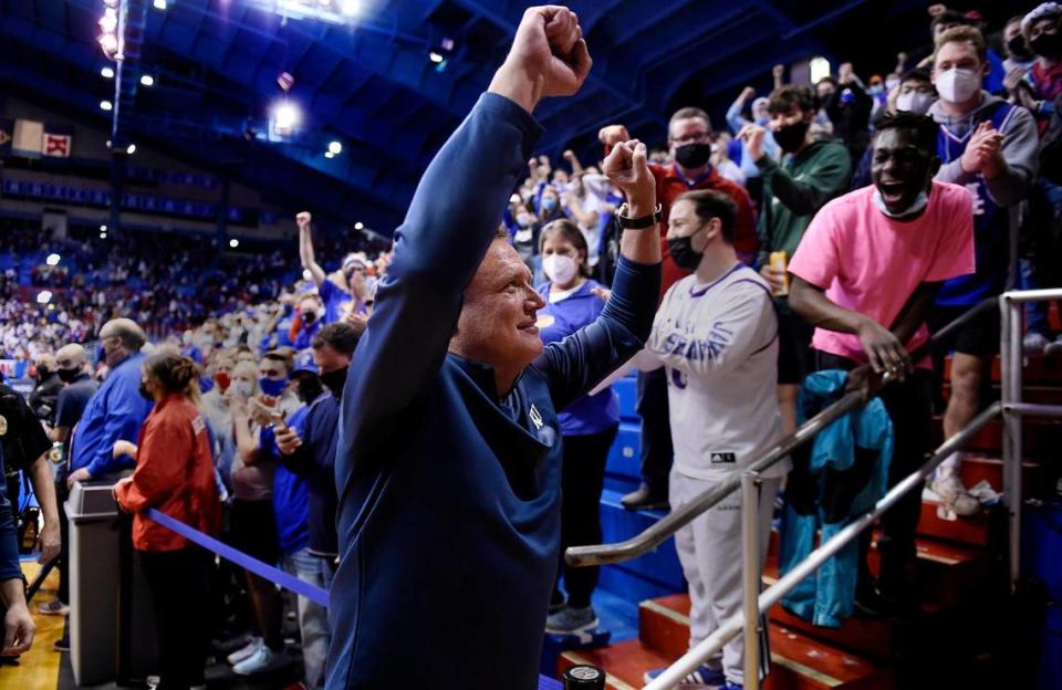 Kansas coach Bill Self gets a standing ovation as he exits the court after the Jayhawks took down Texas Tech, 94-91 in double overtime Monday night at Allen Fieldhouse.