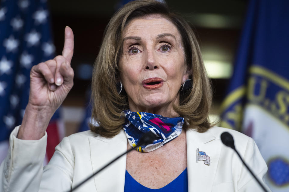 UNITED STATES - OCTOBER 01: Speaker Nancy Pelosi, D-Calif., conducts her weekly news conference in the Capitol Visitor Center on Thursday, October 1, 2020. (Photo By Tom Williams/CQ-Roll Call, Inc via Getty Images)