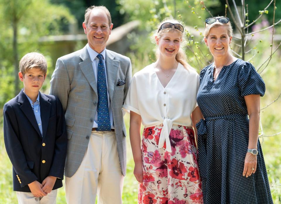 Prince Edward, Earl of Wessex and Sophie, Countess of Wessex with James Viscount Severn and Lady Louise Windsor during a visit to The Wild Place Project at Bristol Zoo on July 23, 2019 in Bristol, England.