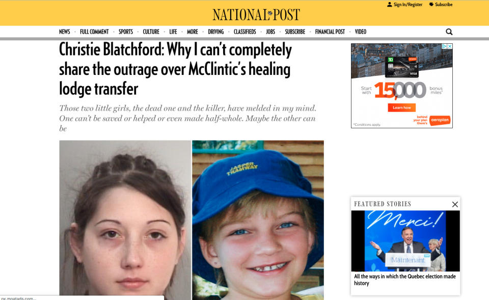 National Post column by Christie Blatchford calls for rehabilitation of Tori Stafford’s killer