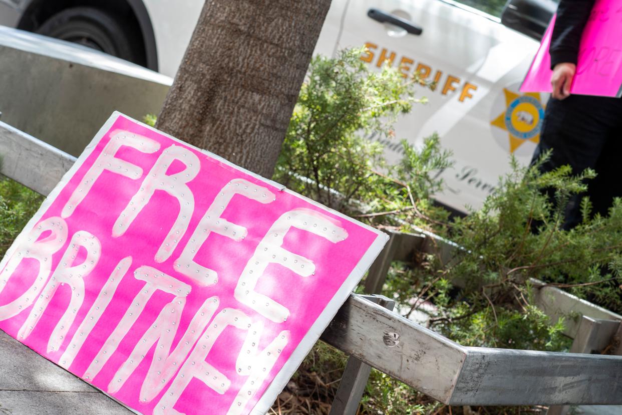 Placards are pictured in front of the courthouse during the FreeBritney movement rally in support of musician Britney Spears following a conservatorship court hearing in Los Angeles, California on April 27, 2021. - Britney Spears has requested to speak in court in the legal battle over her father's control of her affairs, her attorney said April 27, 2021. The 39-year-old US pop singer is the subject of a 