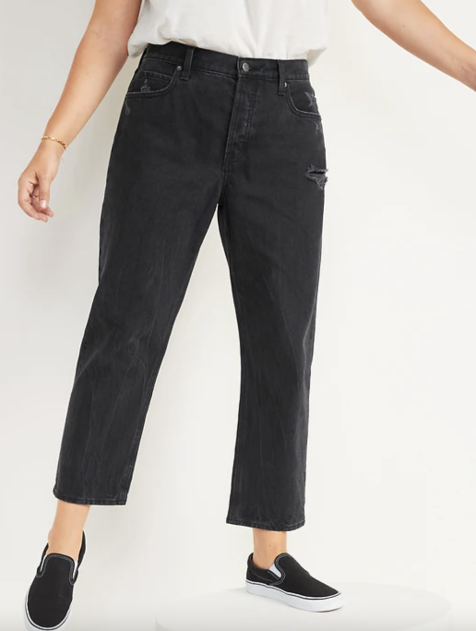 model wearing black High-Waisted Slouchy Straight Cropped Distressed Jeans and black slip-on shoes
