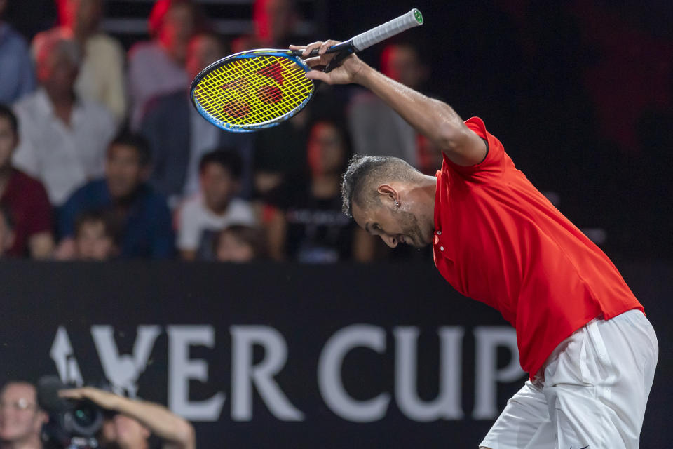 Team World's Nick Kyrgios reacts after losing a point against Team Europe's Roger Federer during their match at the Laver Cup tennis event in Geneva, Switzerland, Saturday, Sept. 21, 2019. (Martial Trezzini/Keystone via AP)