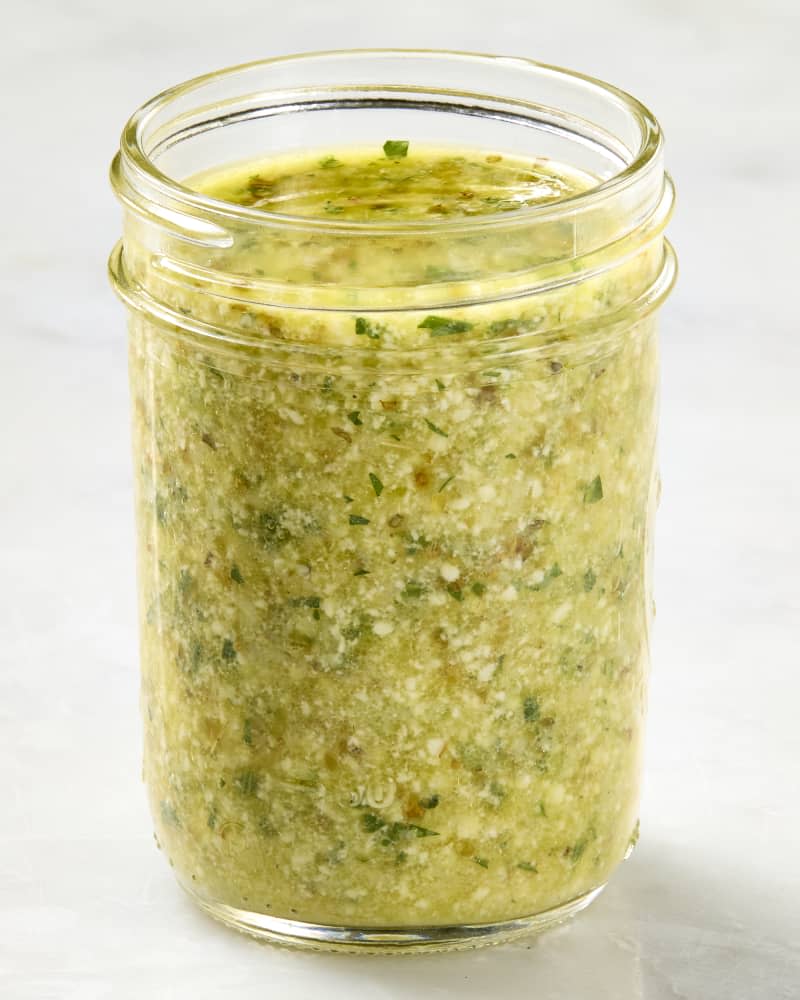 head on shot of italian dressing in a jar.