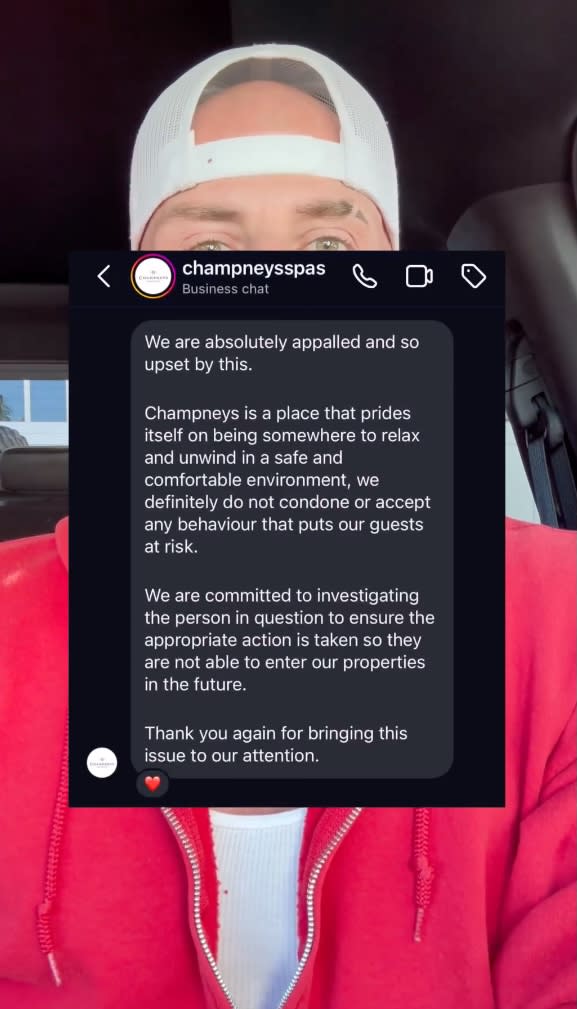 Champneys Spas responded back to Swoll’s direct message, letting the fitness influencer know they have banned the women from the business. Instagram / Joey Swoll