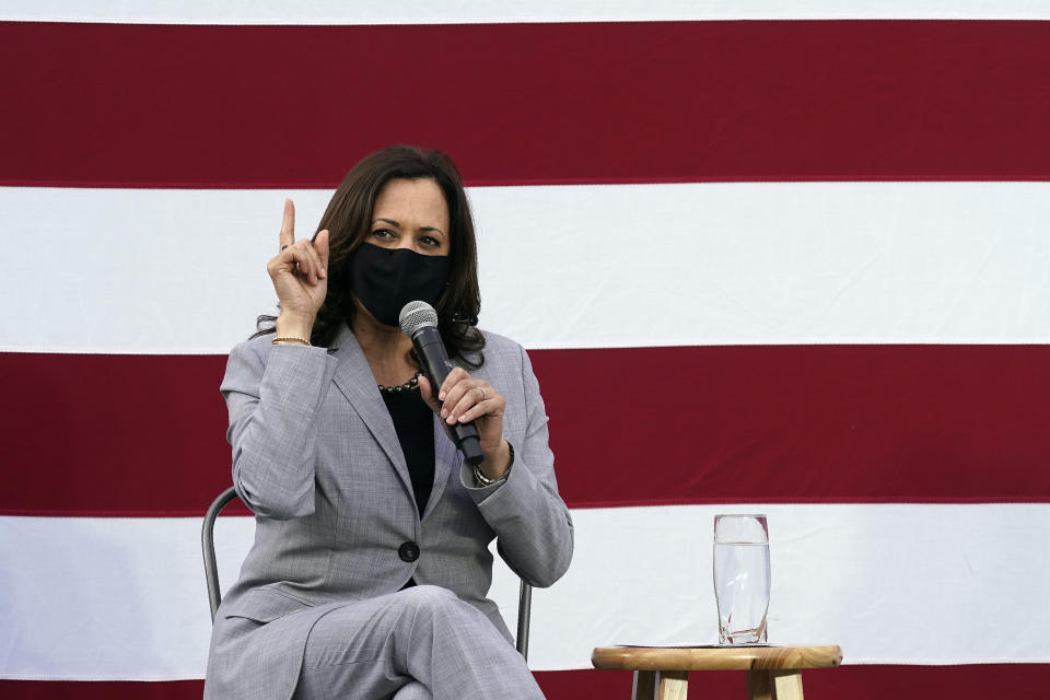 Democratic vice presidential candidate Sen. Kamala Harris, D-Calif., speaks at a roundtable discussion during a campaign visit in Raleigh, N.C., Monday, Sept. 28, 2020. (AP Photo/Gerry Broome)