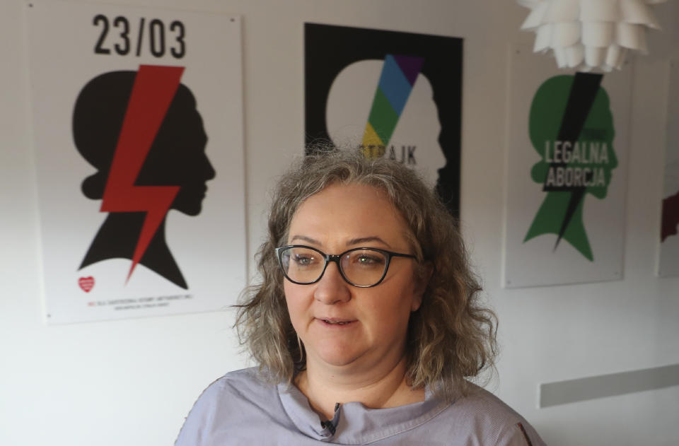 Marta Lempart, a leader of Polish Women's Strike, a women's rights movement, speaks to The Associated Press on International Women's Day in Warsaw, Poland, Monday March 8, 2021. Women’s rights activists in Poland marked International Women’s Day on Monday caught between reasons to celebrate and a heavy sense that they are facing a long battle ahead. This year’s Women’s Day, which is being marked with protests, comes after a near total ban on abortion took effect in January in the historically Roman Catholic country, a step that had long been been sought by the conservative ruling party, Law and Justice. (AP Photo/Czarek Sokolowski)