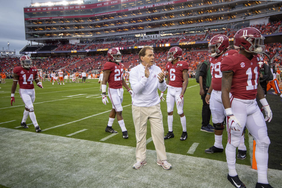 SANTA CLARA, CA - JANUARY 07: Nick Saban takes the field prior to the College Football Playoff National Championship held at Levi's Stadium on January 7, 2019 in Santa Clara, California. The Clemson Tigers defeated the Alabama Crimson Tide 44-16. (Photo by Jamie Schwaberow/Getty Images)