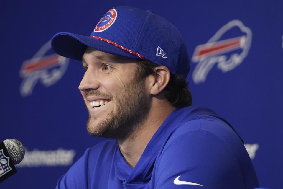 Buffalo Bills quarterback Josh Allen meets with the media during an NFL football news conference, Thursday, April 18, 2024. The Bills dynamic duo of Allen and Stefon Diggs is no more, after Buffalo's decision to trade the receiver to Houston last last month. (Harry Scull Jr./The Buffalo News via AP)