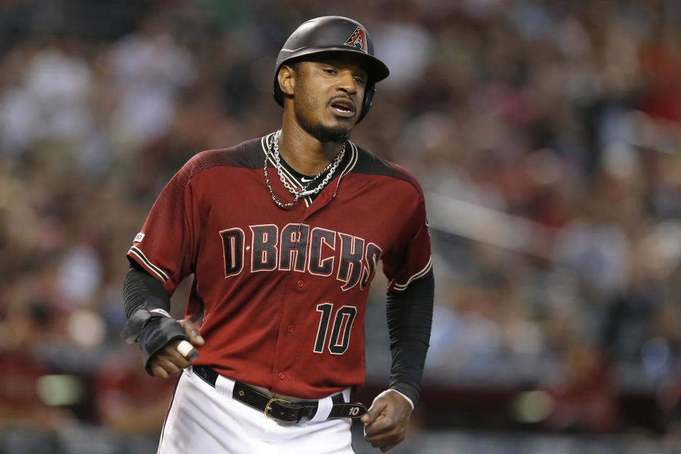 Arizona Diamondbacks center fielder Adam Jones (10) in the first inning during a baseball game against the New York Mets, Sunday, June 2, 2019, in Phoenix. (AP Photo/Rick Scuteri)