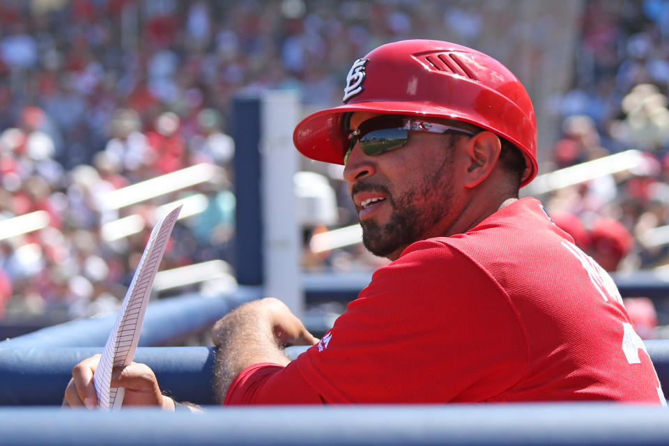 WEST PALM BEACH, FL - MARCH 16: First base coach Oliver Marmol #37 of the St Louis Cardinals watches game action against the Washington Nationals during a spring training game at The Ballpark of the Palm Beaches on March 16, 2018 in West Palm Beach, Florida. The Nationals defeated the Cardinals 4-2. (Photo by Joel Auerbach/Getty Images)