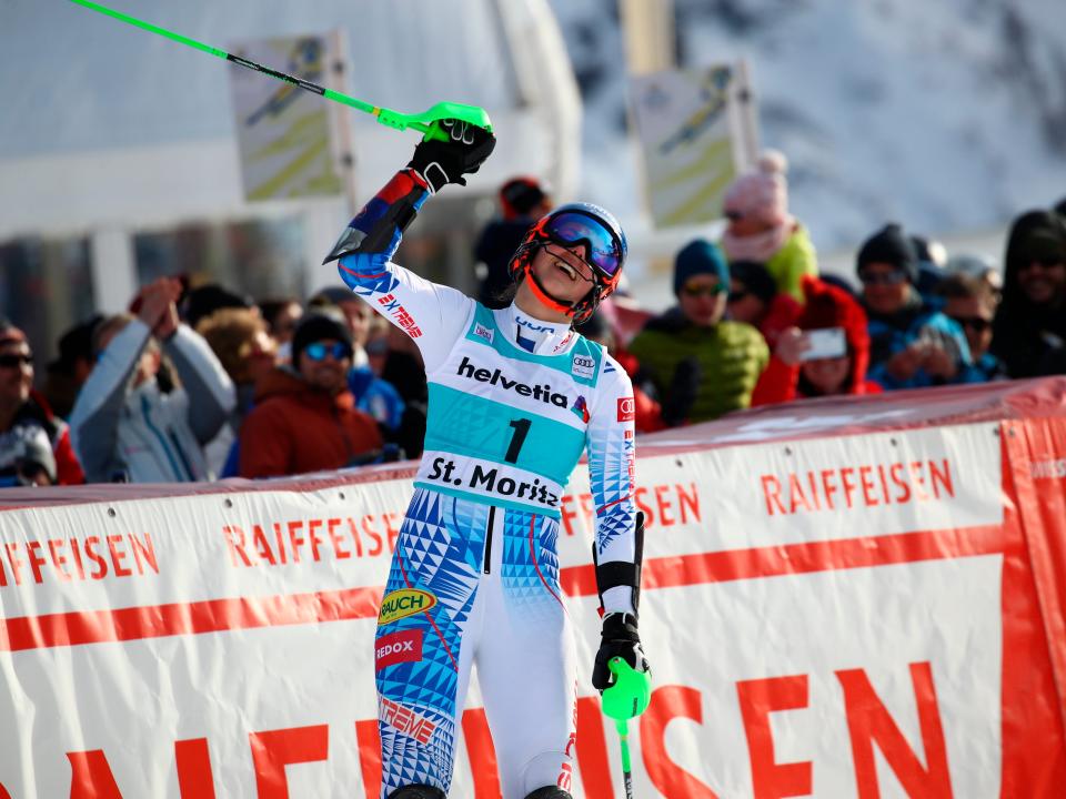 Slovakia's Petra Vlhova celebrates at the finish area of an alpine ski, women's parallel slalom World Cup in St. Moritz, Switzerland, Sunday, Dec. 15, 2019