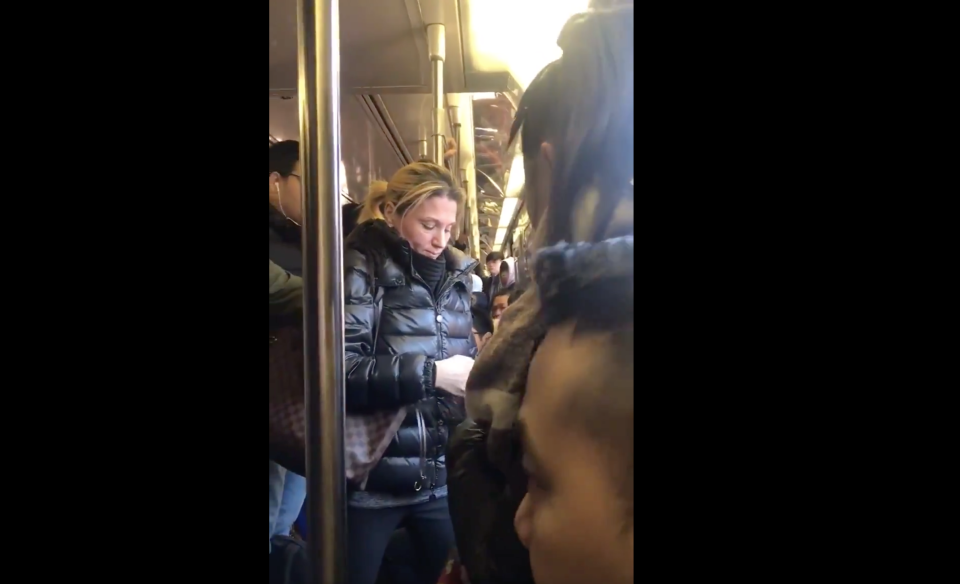 New York City resident Anna Lushchinskaya was charged with two counts of felony assault after attacking multiple passengers on the subway and yelling racial slurs. (Screenshot: Twitter/PlatanoMan)