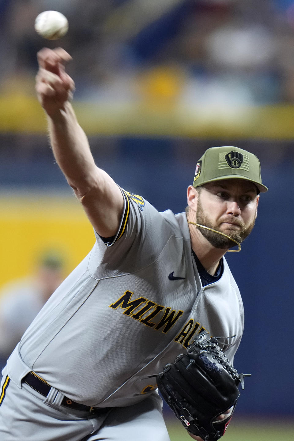 Milwaukee Brewers' Adrian Houser pitches to the Tampa Bay Rays during the first inning of a baseball game Friday, May 19, 2023, in St. Petersburg, Fla. (AP Photo/Chris O'Meara)