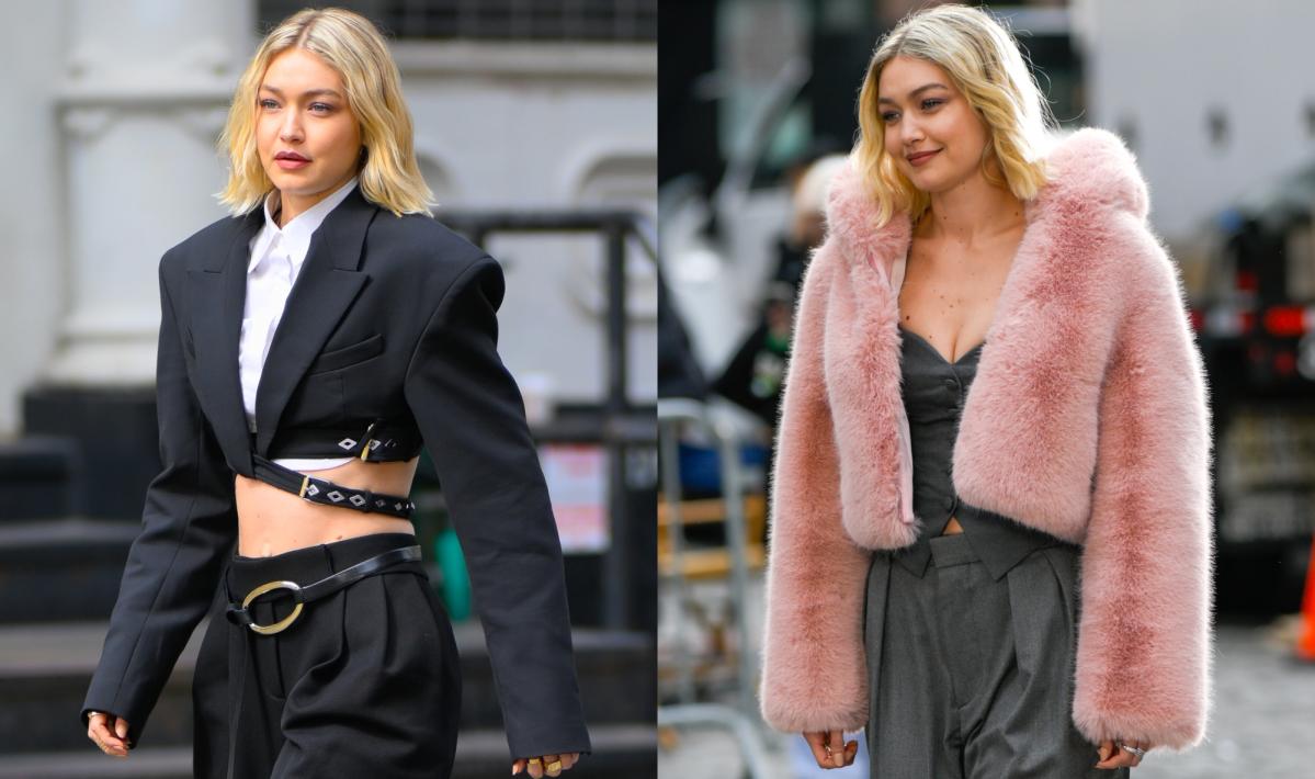 Gigi Hadid Goes Edgy and Soft in Dion Lee Constrictor Crop Jacket and Furry  Pink Coat in New Maybelline Shoot