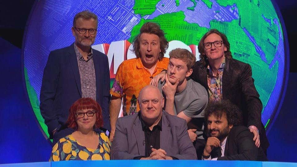 Clockwise from top left: Hugh Dennis, Milton Jones, James Acaster, Ed Byrne, Nish Kumar, Dara Ó Briain and Angela Barnes on the final series of ‘Mock the Week’ (BBC/Angst)