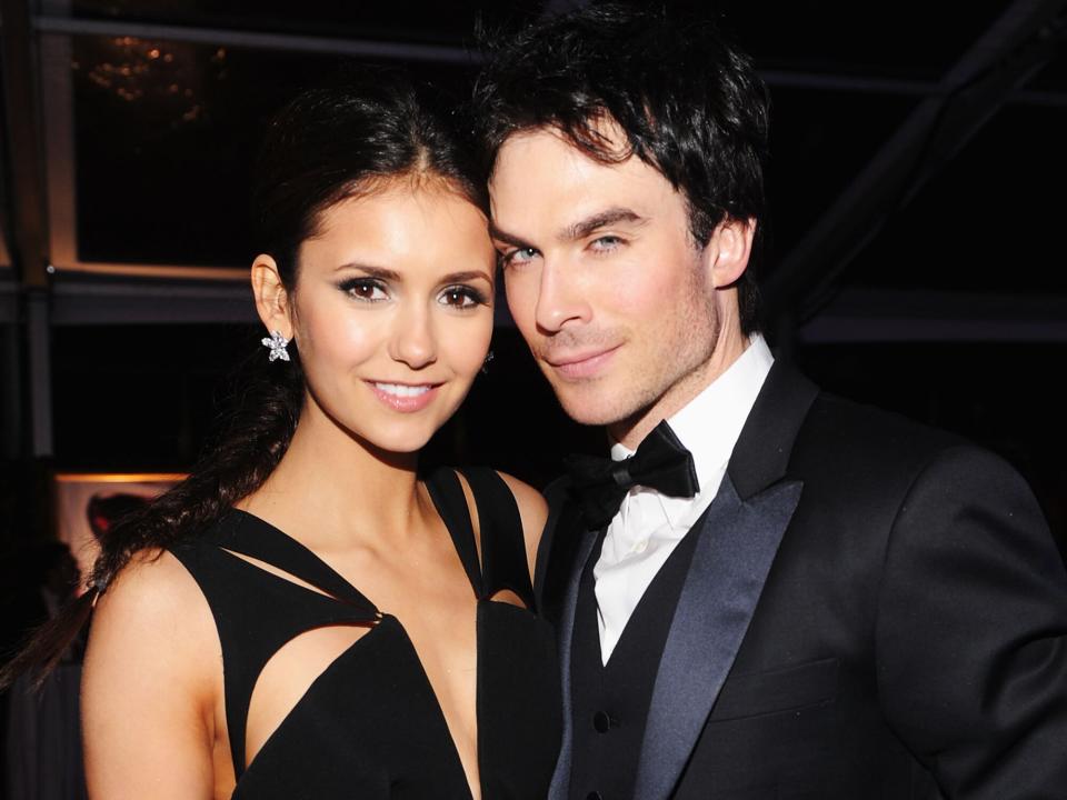 Nina Dobrev (L) and Ian Somerhalder attend the 20th Annual Elton John AIDS Foundation Academy Awards Viewing Party at The City of West Hollywood Park on February 26, 2012 in Beverly Hills, California