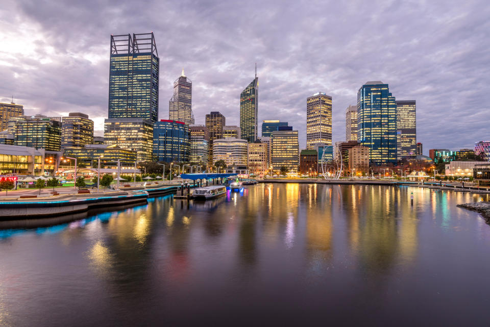 Central business district of Perth, Western Australia with office and government buildings - viewed across the newly created Elizabeth Quay on the banks of the River Swan