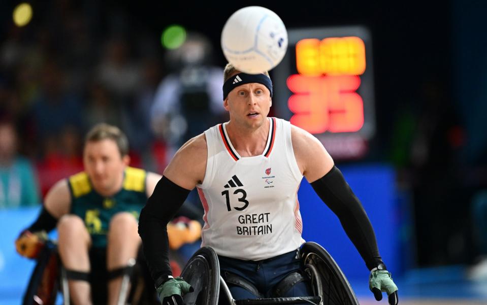 Aaron Phipps of Great Britain in action during the Wheelchair Rugby Group B game Australia vs Great Britain on day one of the Paris 2024 Summer Paralympic Games at Champs-de-Mars Arena on August 29, 2024 in Paris, France