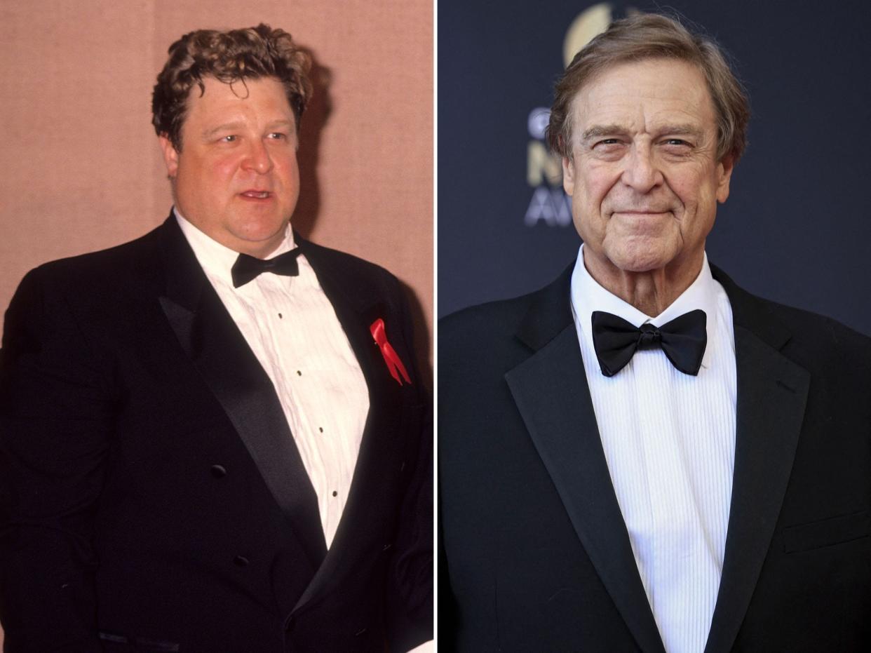 John Goodman in a black suit and a white shirt with a bowtie, before and after his 200-pound weight loss.