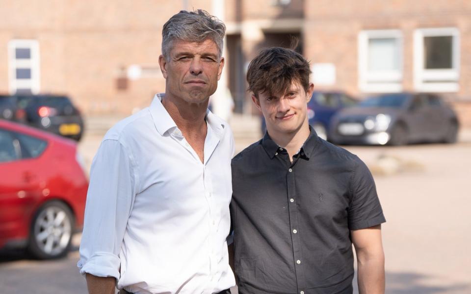 Robert Machin, the husband of Lucy Machin, outside Norwich Crown Court with his son Joe, now 17