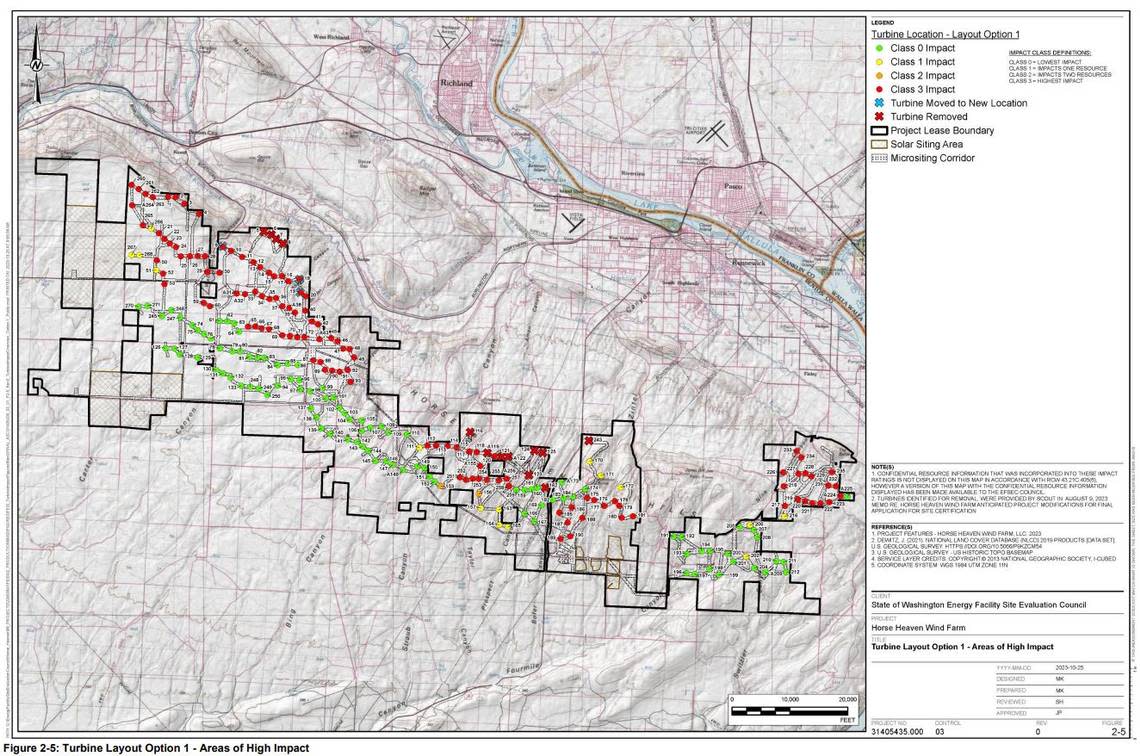 A map shows red dots where 116 of 222 proposed turbines up to 500 feet tall would be prohibited, as proposed by a state council. It is one of two configurations proposed by Scout Clean Energy. Courtesy Energy Facility Site Evaluation Council