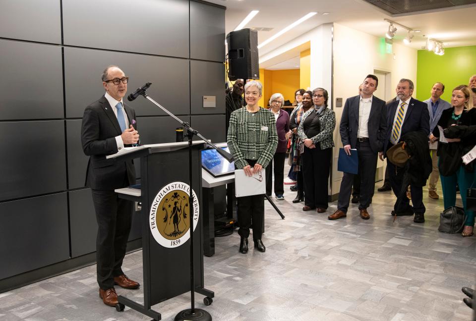 Lance Bush, president and CEO at the Challenger Learning Center, makes remarks during the grand reopening of the Christa McAuliffe Center for Integrated Science Learning at Framingham State University, Jan. 26, 2024.