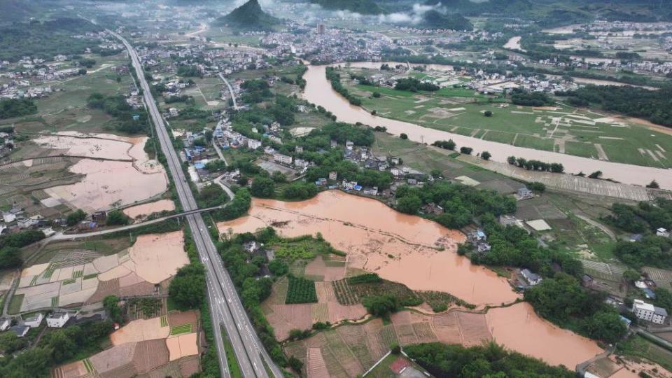 erial view of waterlogged fields after torrential rains on April 20, 2024 in Qingyuan, Guangdong Province of China. China's State Flood Control and Drought Relief Headquarters has renewed a Level-III emergency response to possible flooding in Guangdong province.