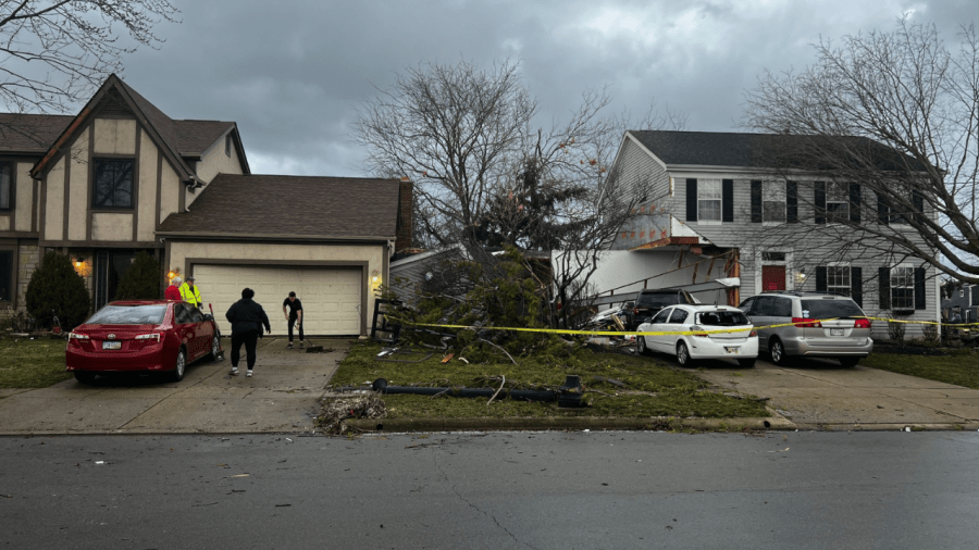 A strong storm system brought damage to a house in Hilliard, Ohio on February 28, 2024. (NBC4 Photo/Jordyn Dunlap)