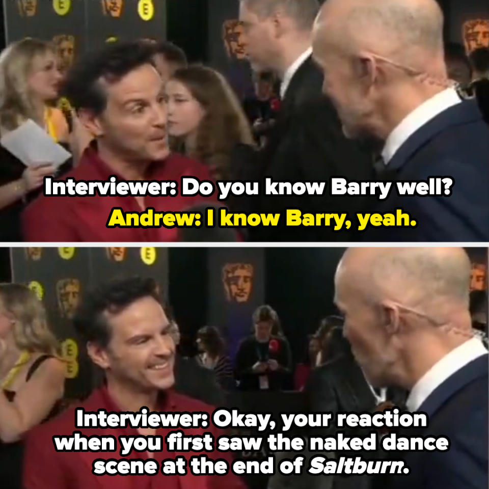 the interviewer asks Andrew for his reaction to the Saltburn naked dance scene