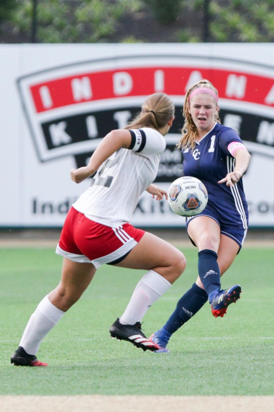 Central Catholic's Karsyn Cherry (1) kicks the ball during the second half of an IHSAA girls soccer game, Wednesday, Aug. 18, 2021 at Loeb Stadium in Lafayette.