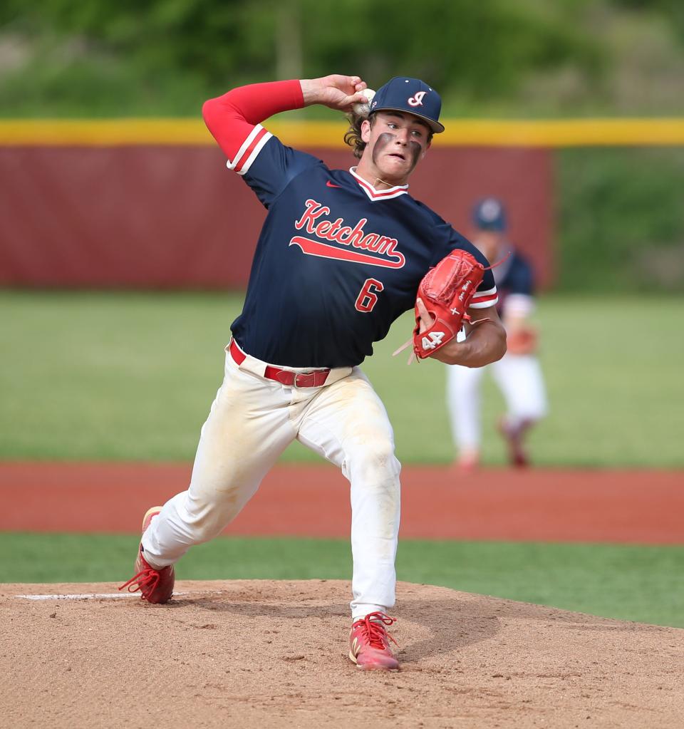 Roy C. Ketcham's Owen Paino on the mound during the Section 1 Class AA baseball semifinal versus Arlington on May 23, 2022. 
