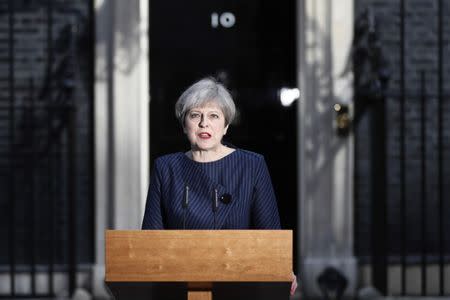 Britain's Prime Minister Theresa May speaks to the media outside 10 Downing Street, in central London, Britain April 18, 2017. REUTERS/Stefan Wermuth