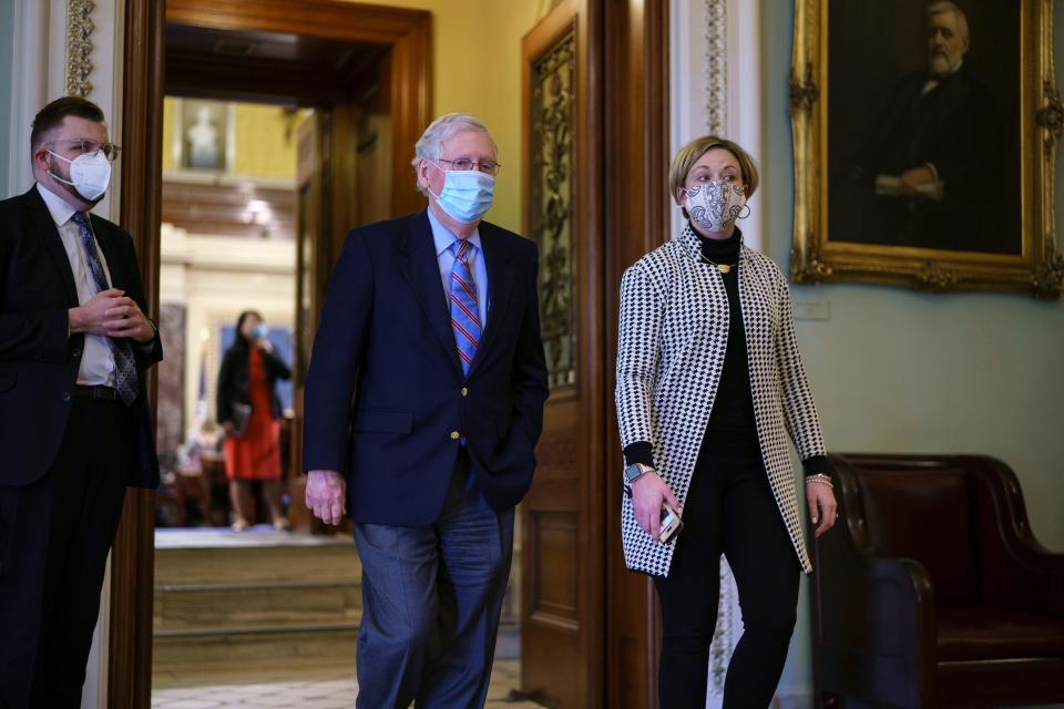 Senate Minority Leader Mitch McConnell, R-Ky., leaves the chamber just after voting against the Democrat's $1.9 trillion COVID-19 relief bill, at the Capitol in Washington, Saturday, March 6, 2021.