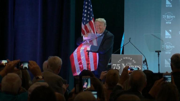 Donald Trump hugs American flag as he is applauded for anti-immigration speech