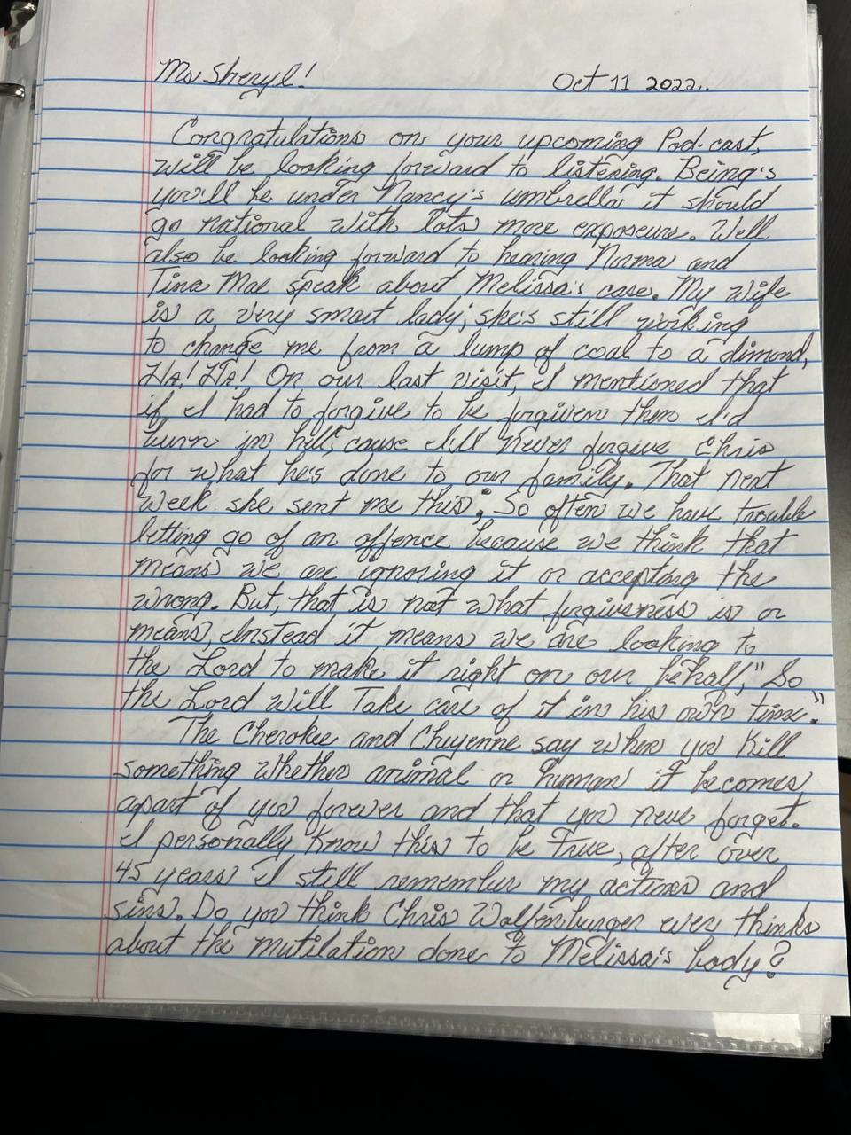 Carl Patton wrote to McCollum and in the letters, one man is clearly named as the suspected killer. Melissa’s husband – Christopher Wolfenbarger (Provided)